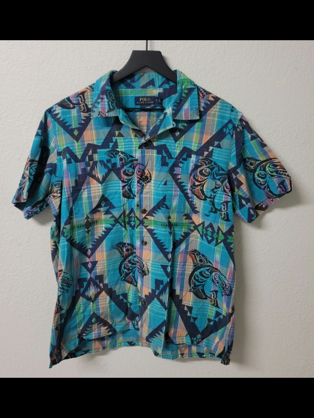 Polo Ralph Lauren Camp Shirt Blue Aztec Tribal Fish Hawaiian Men's Large